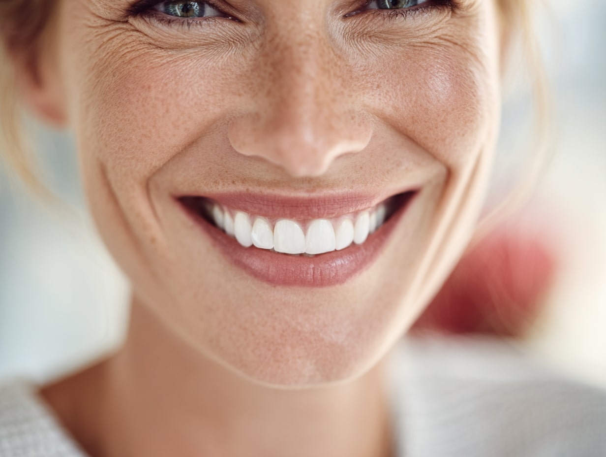 atientin mit strahlendem Lächeln nach ästhetischer Zahnbehandlung in der Zahnarztpraxis Farida Rauschning in Seelze – Bleaching, Veneers und Aligner für schöne, natürliche Zähne.